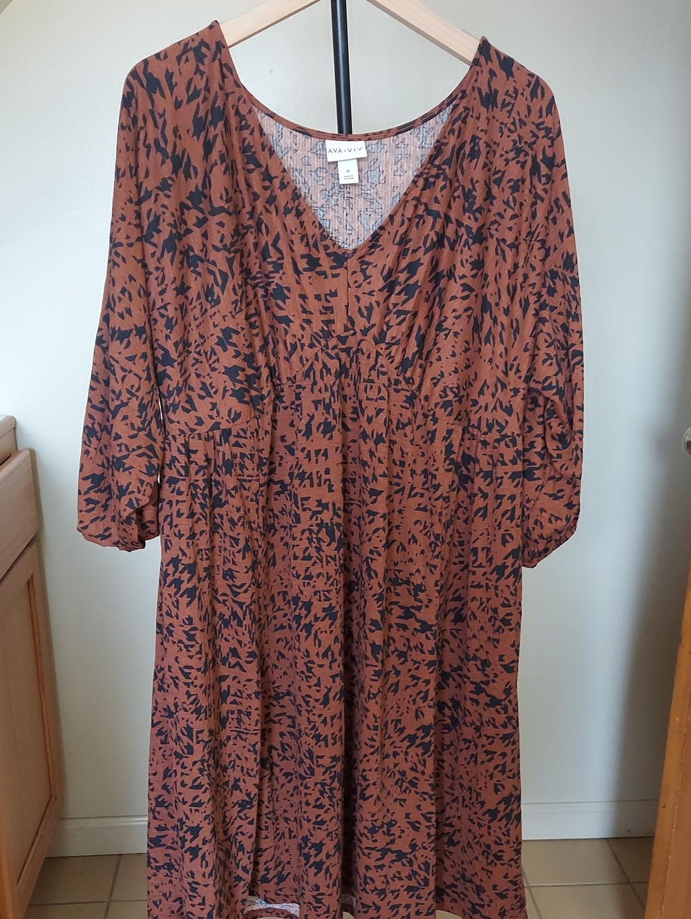 Ava & Viv A-Line Dress Womens 1X Brown black Empire Waist 3/4 Sleeve Pullover